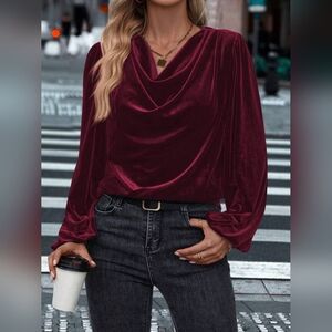 Elegant Velvet Burgundy Drape Neck Top